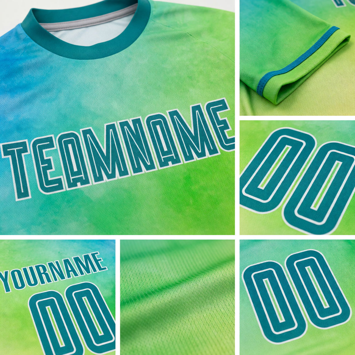 Custom Tie Dye Teal-White Sublimation Soccer Uniform Jersey detail