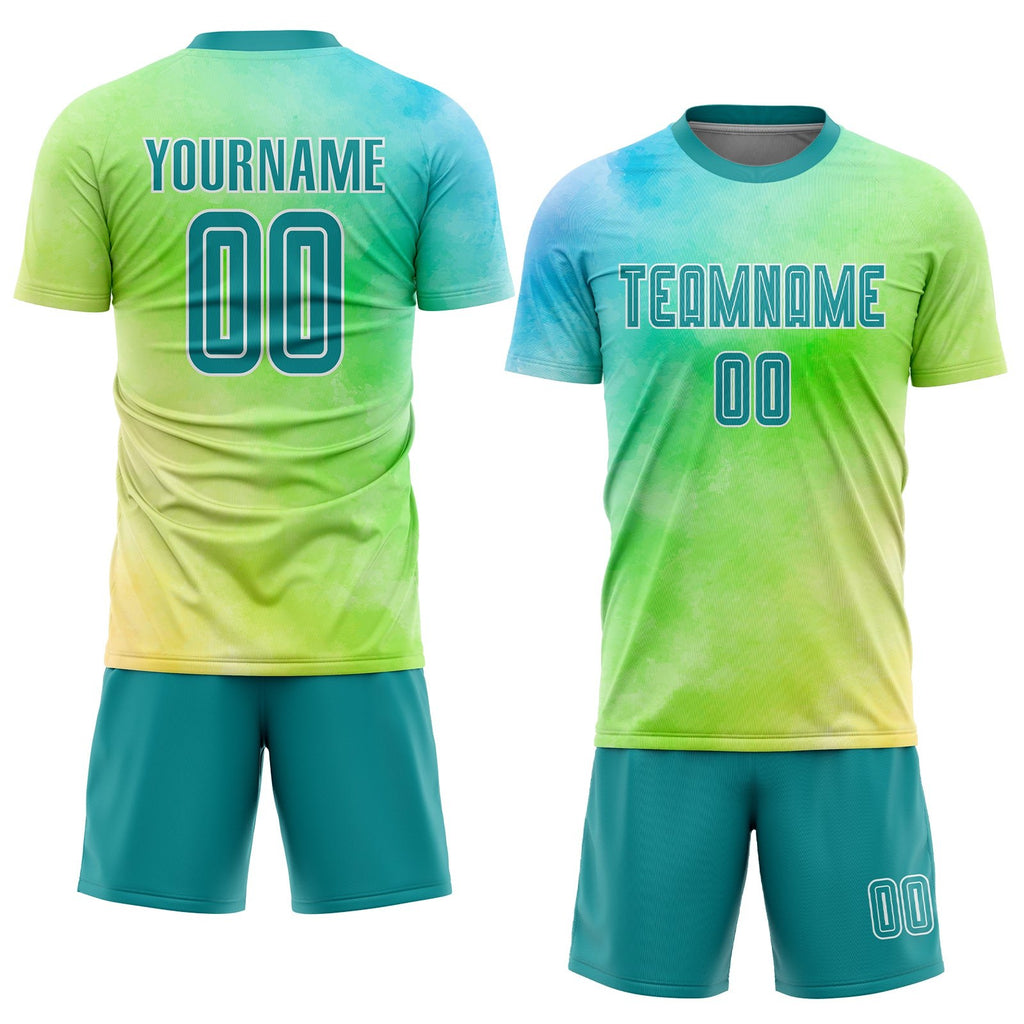 Custom Tie Dye Teal-White Sublimation Soccer Uniform Jersey photo 2