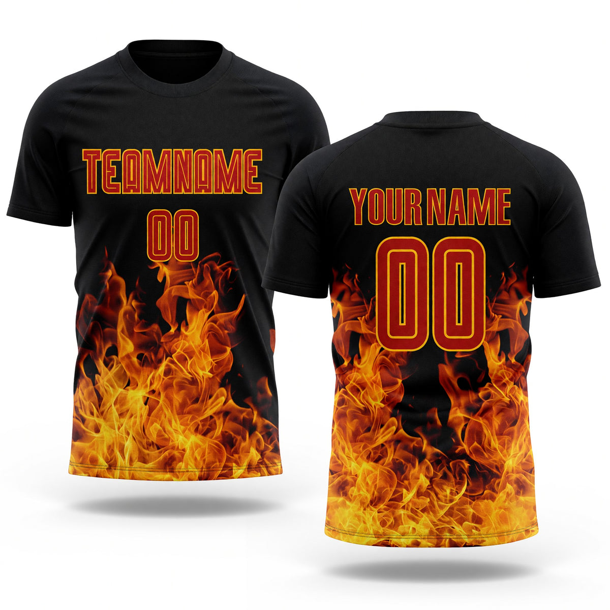 Custom Black Red-Gold Flame Sublimation Soccer Uniform Jersey