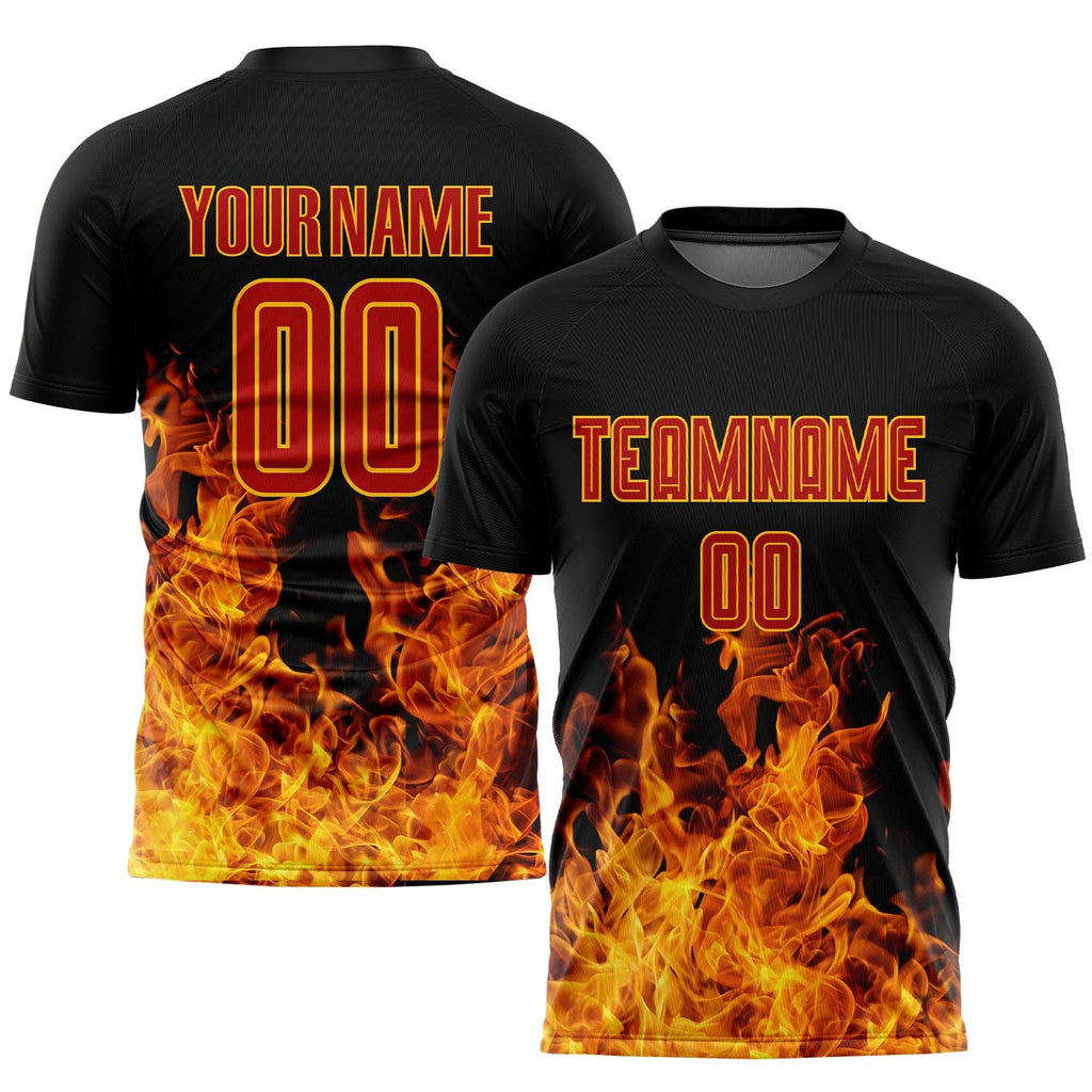 Custom Black Red-Gold Flame Sublimation Soccer Uniform Jersey photo 1