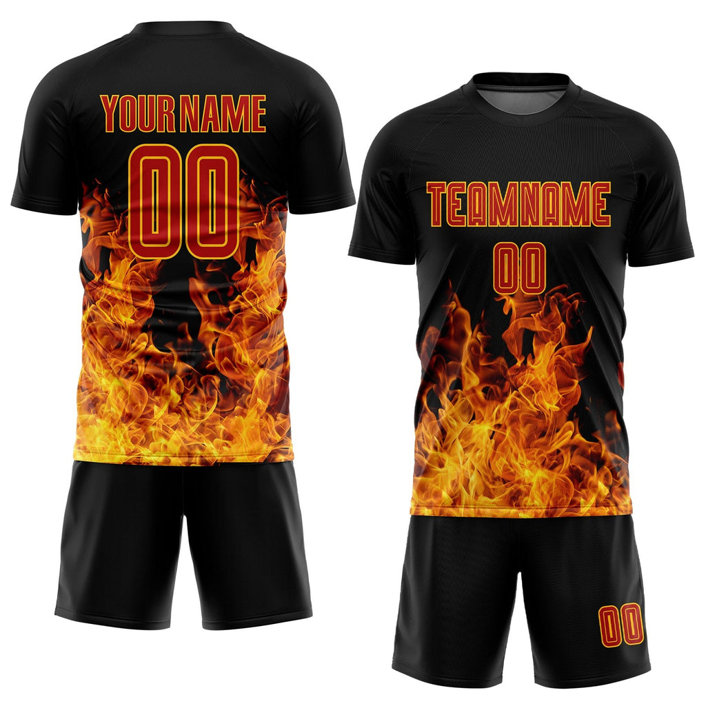 Custom Black Red-Gold Flame Sublimation Soccer Uniform Jersey photo 2