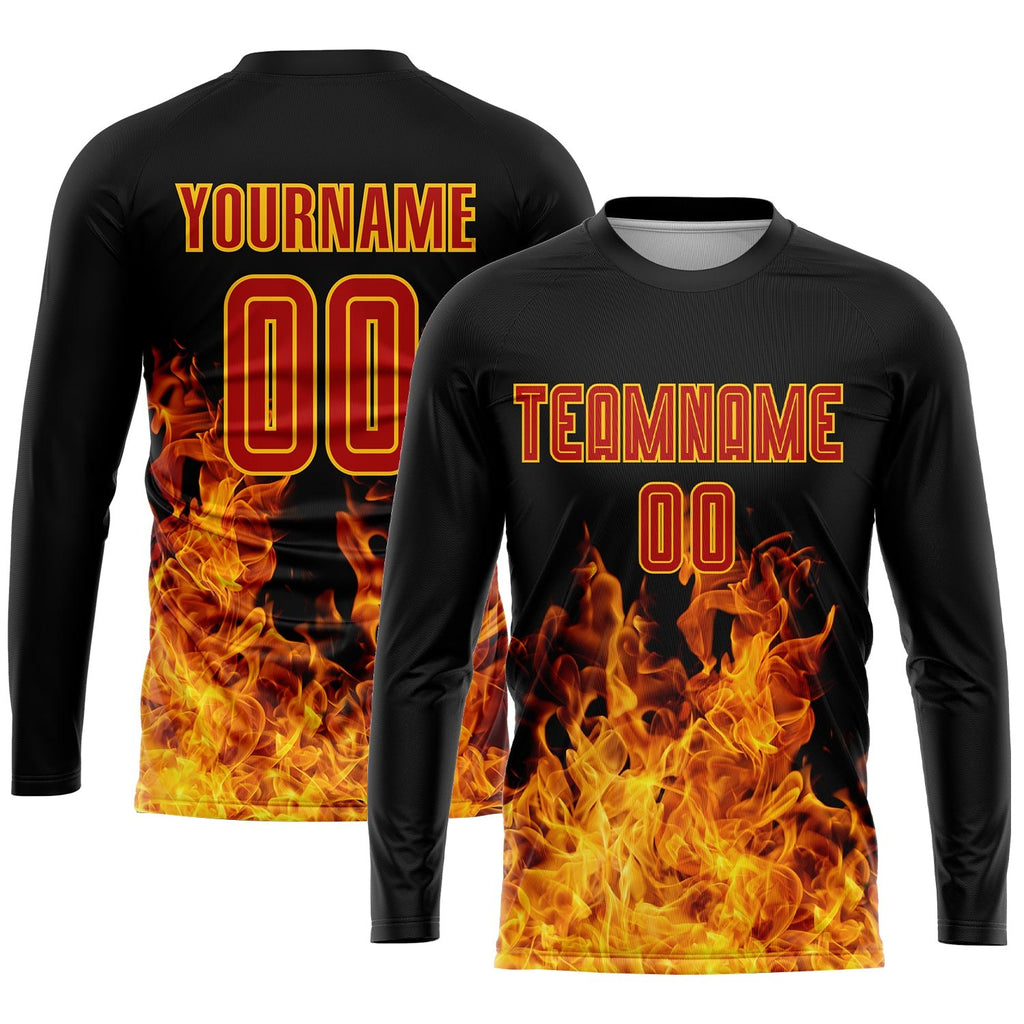 Custom Black Red-Gold Flame Sublimation Soccer Uniform Jersey photo 3