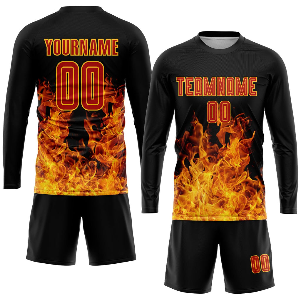 Custom Black Red-Gold Flame Sublimation Soccer Uniform Jersey photo 4