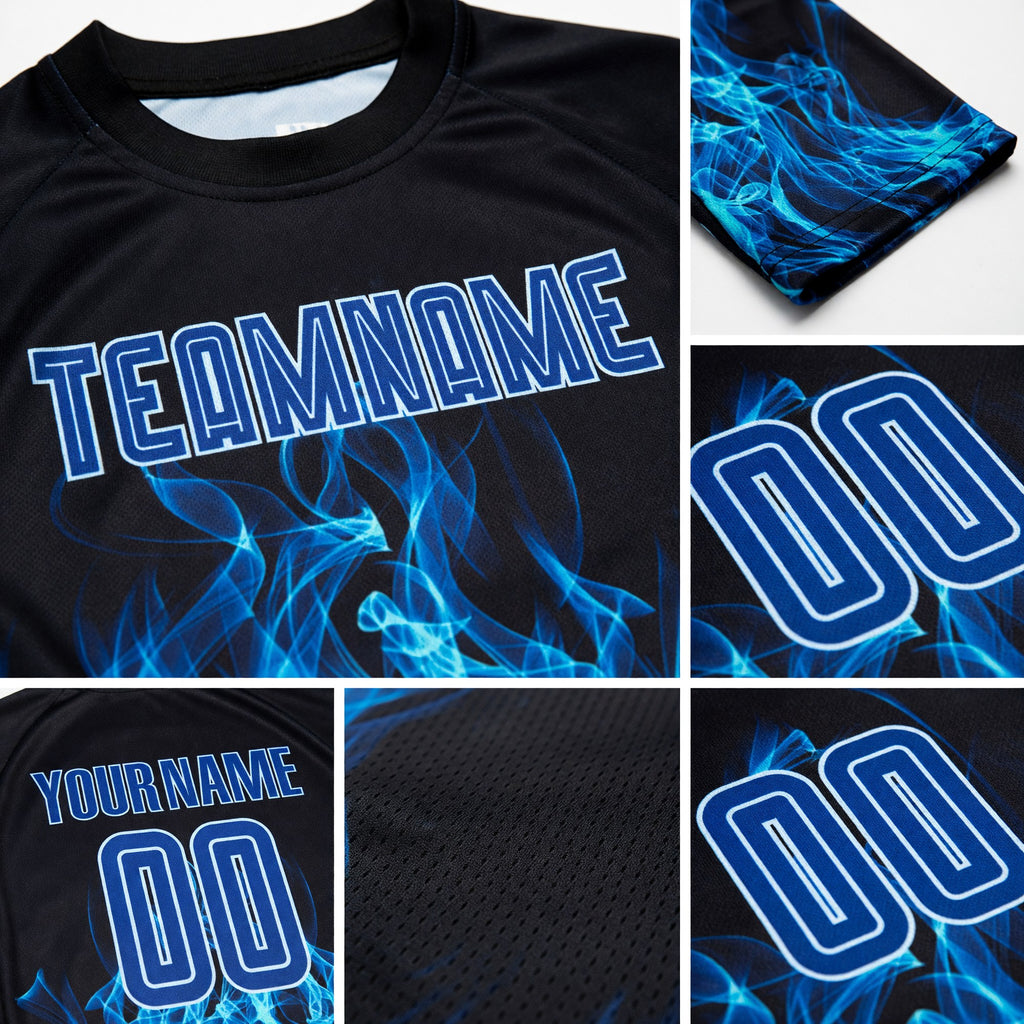Custom Black Royal-Light Blue Flame Sublimation Soccer Uniform Jersey detail