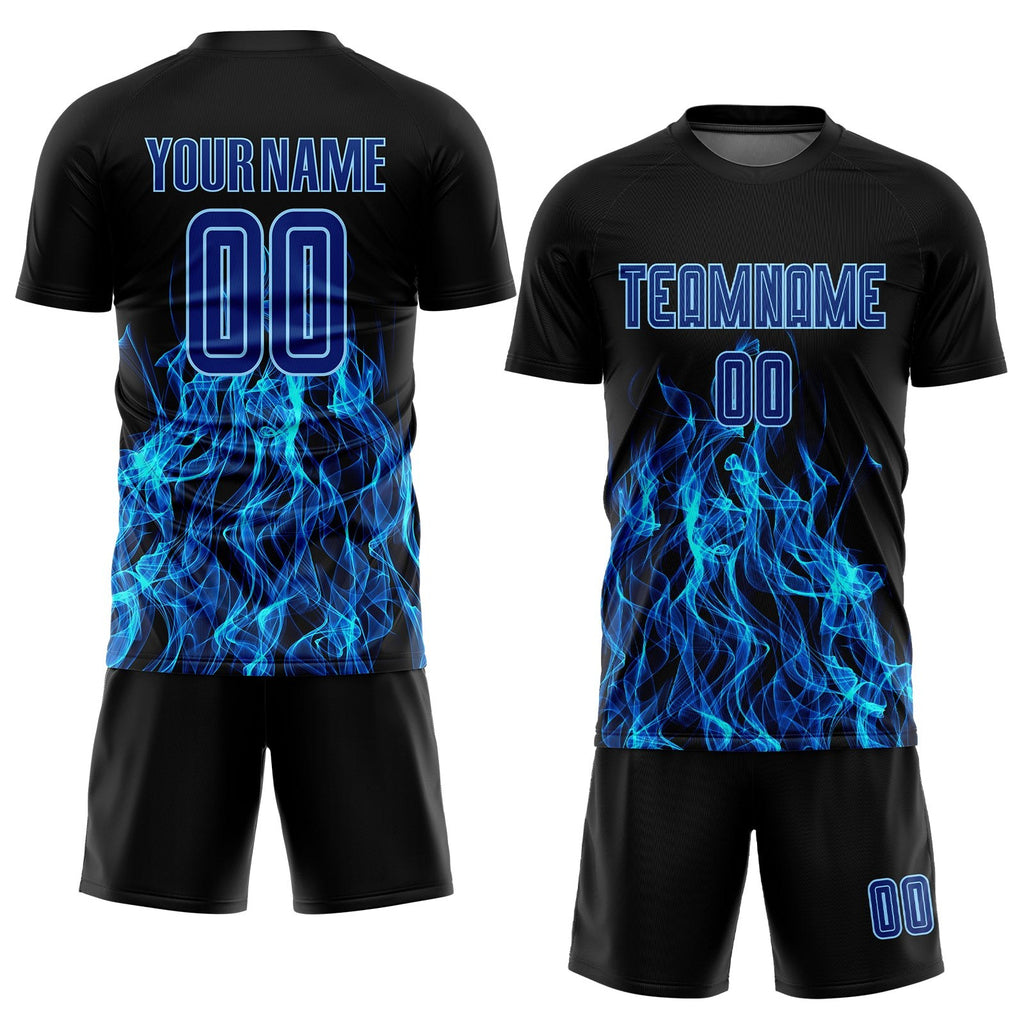 Custom Black Royal-Light Blue Flame Sublimation Soccer Uniform Jersey photo 2