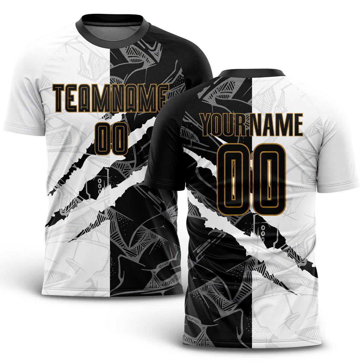 Custom Graffiti Pattern Black-Old Gold Scratch Sublimation Soccer Uniform Jersey
