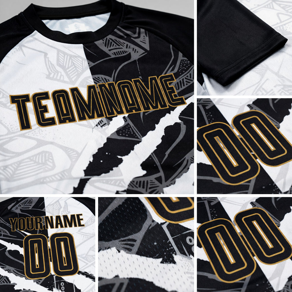 Custom Graffiti Pattern Black-Old Gold Scratch Sublimation Soccer Uniform Jersey detail