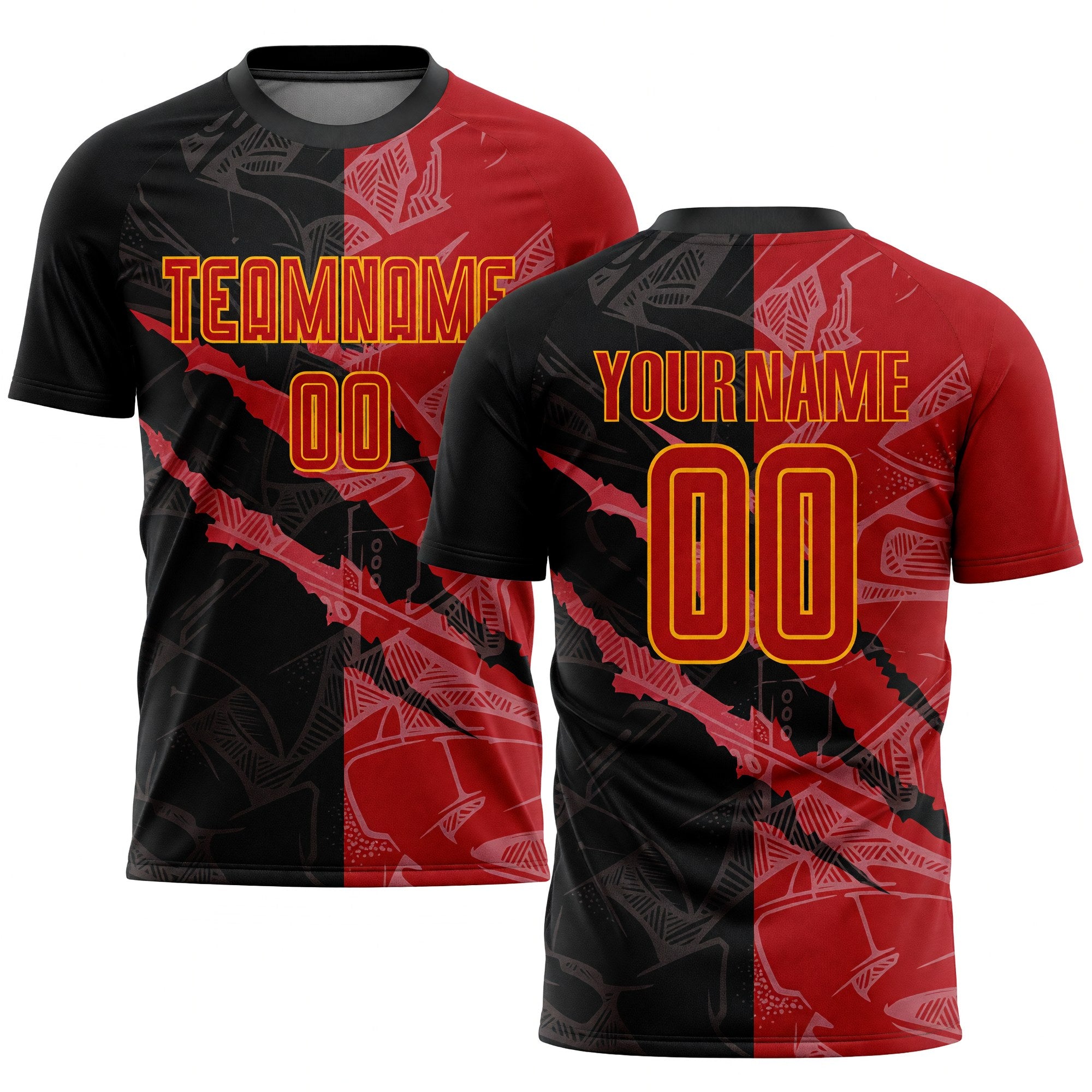 Custom Graffiti Pattern Red-Gold Scratch Sublimation Soccer Uniform Jersey