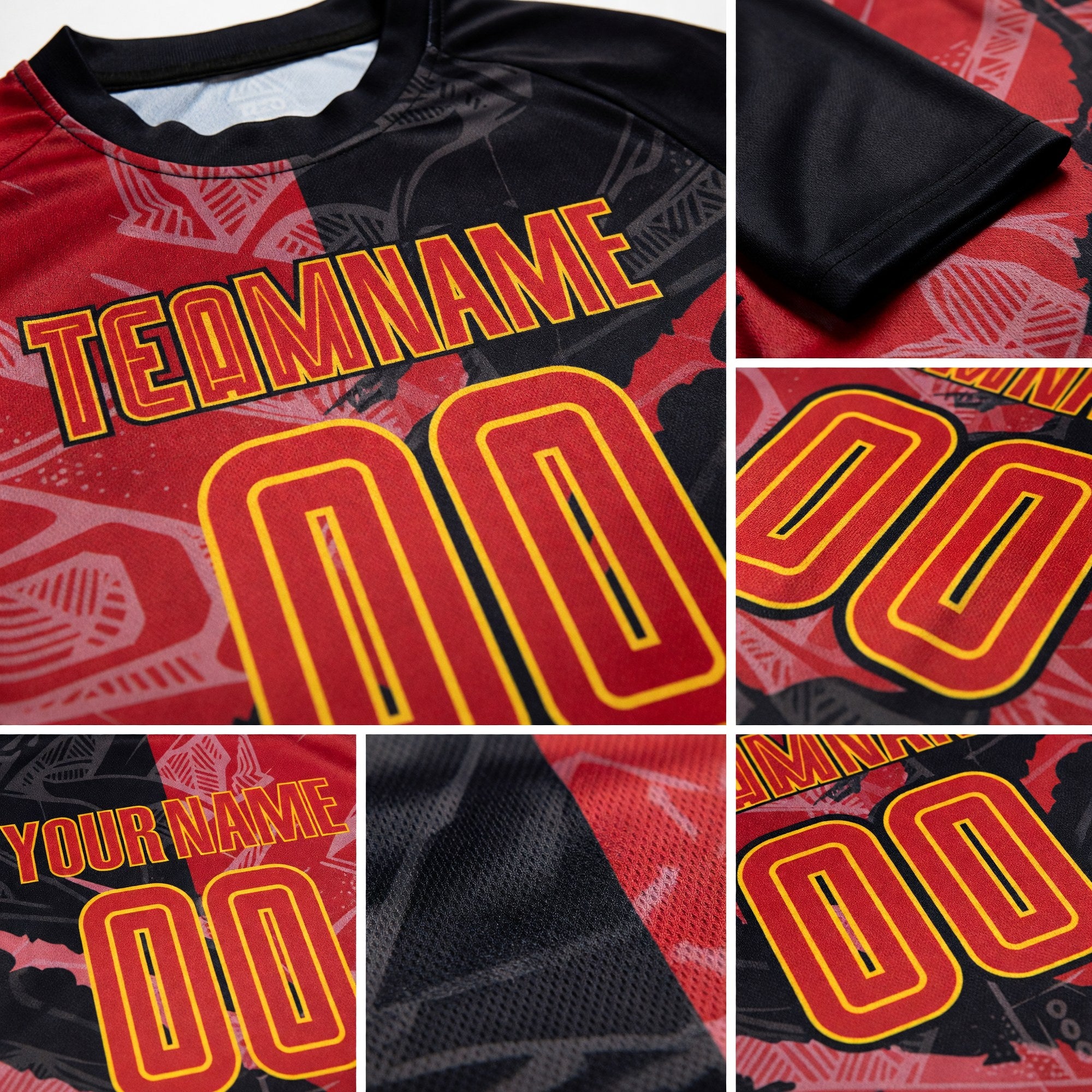 Custom Graffiti Pattern Red-Gold Scratch Sublimation Soccer Uniform Jersey detail