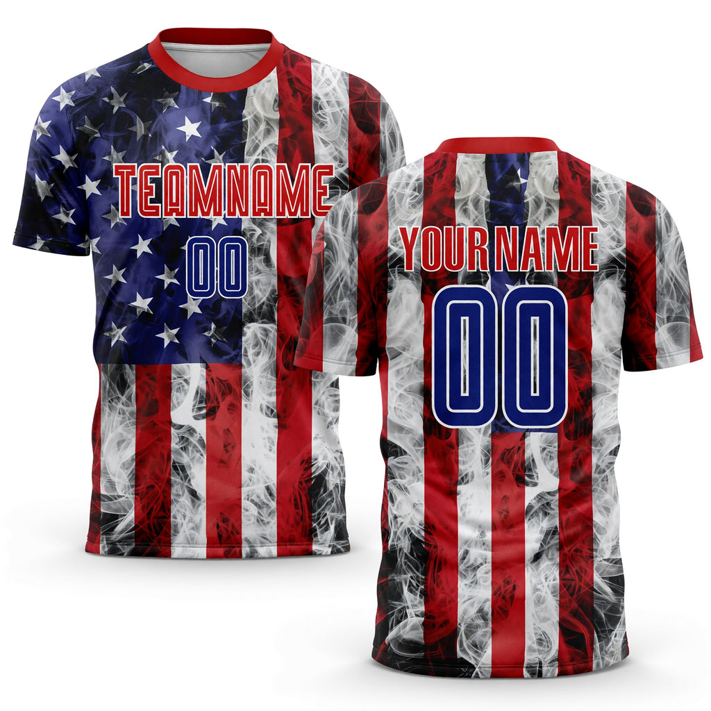 Custom White Royal-Red American Flag Fashion Sublimation Soccer Uniform Jersey