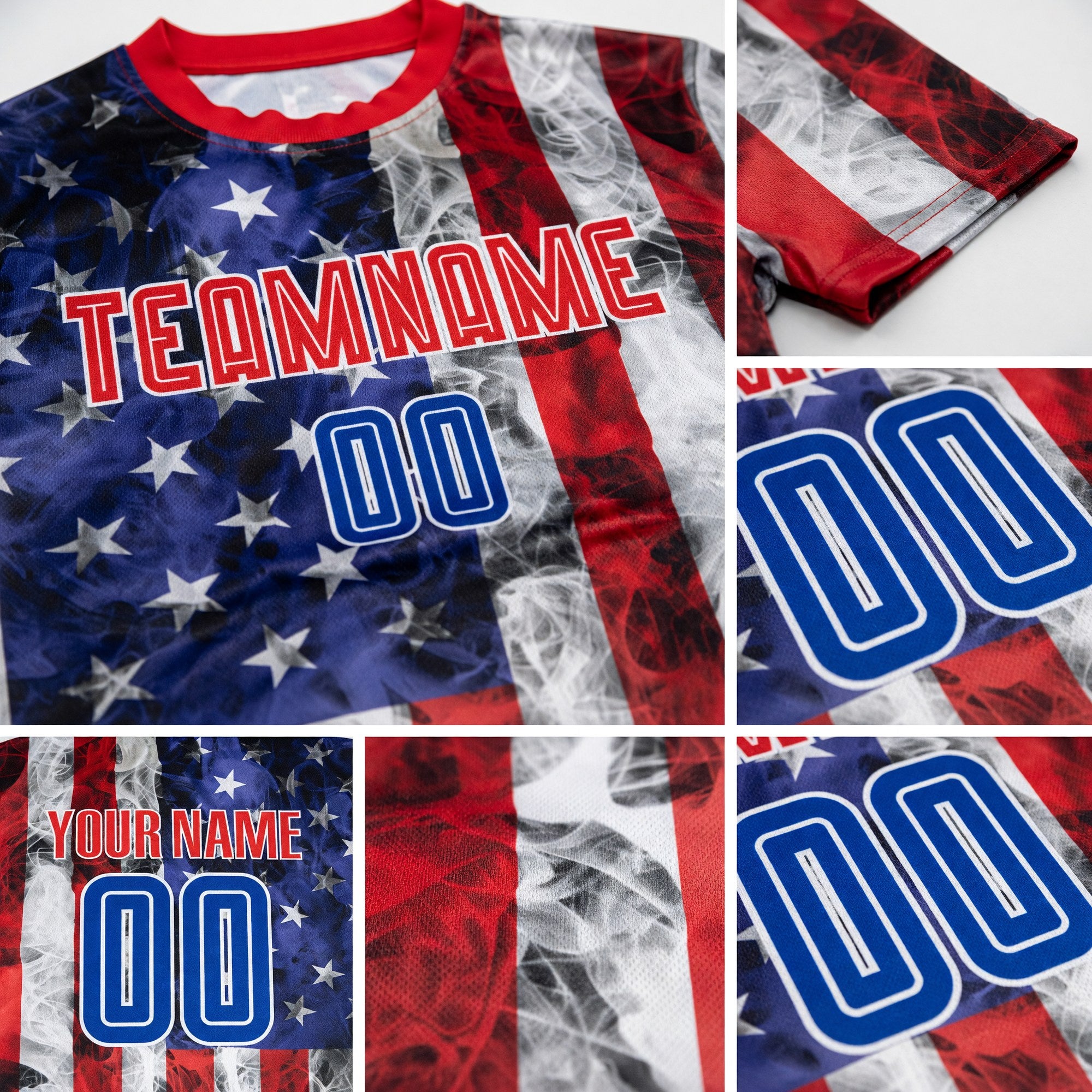 Custom White Royal-Red American Flag Fashion Sublimation Soccer Uniform Jersey detail