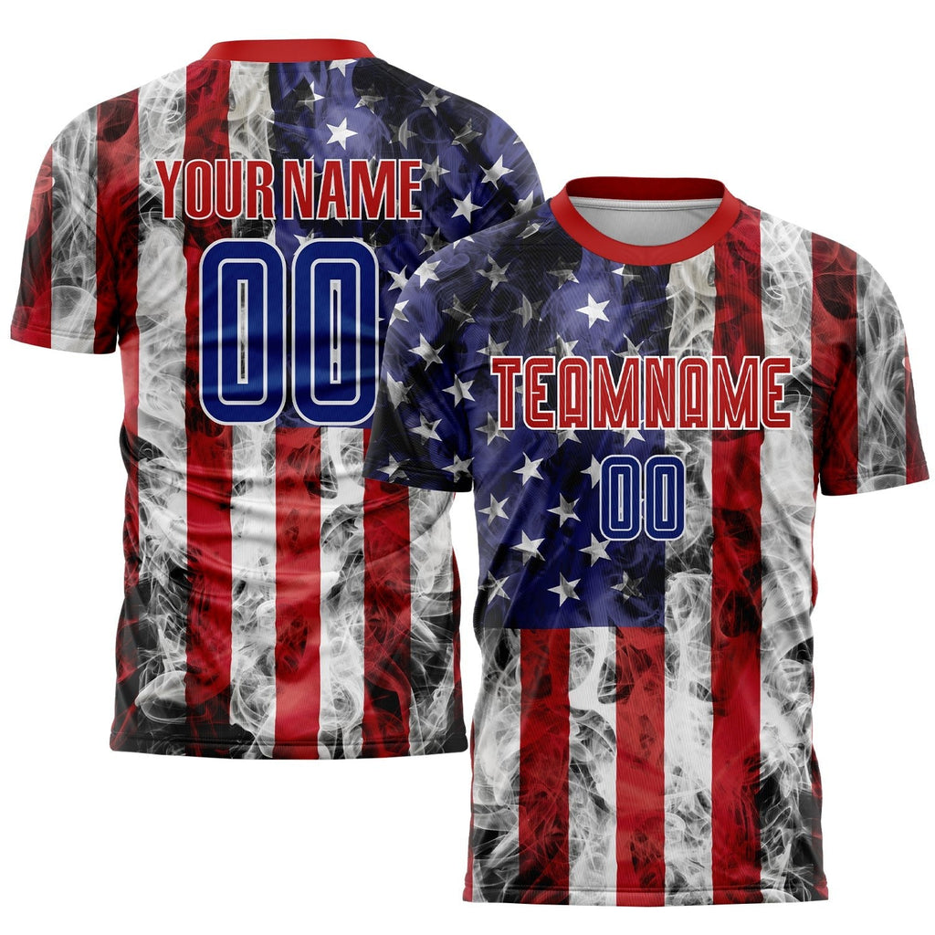 Custom White Royal-Red American Flag Fashion Sublimation Soccer Uniform Jersey photo 1