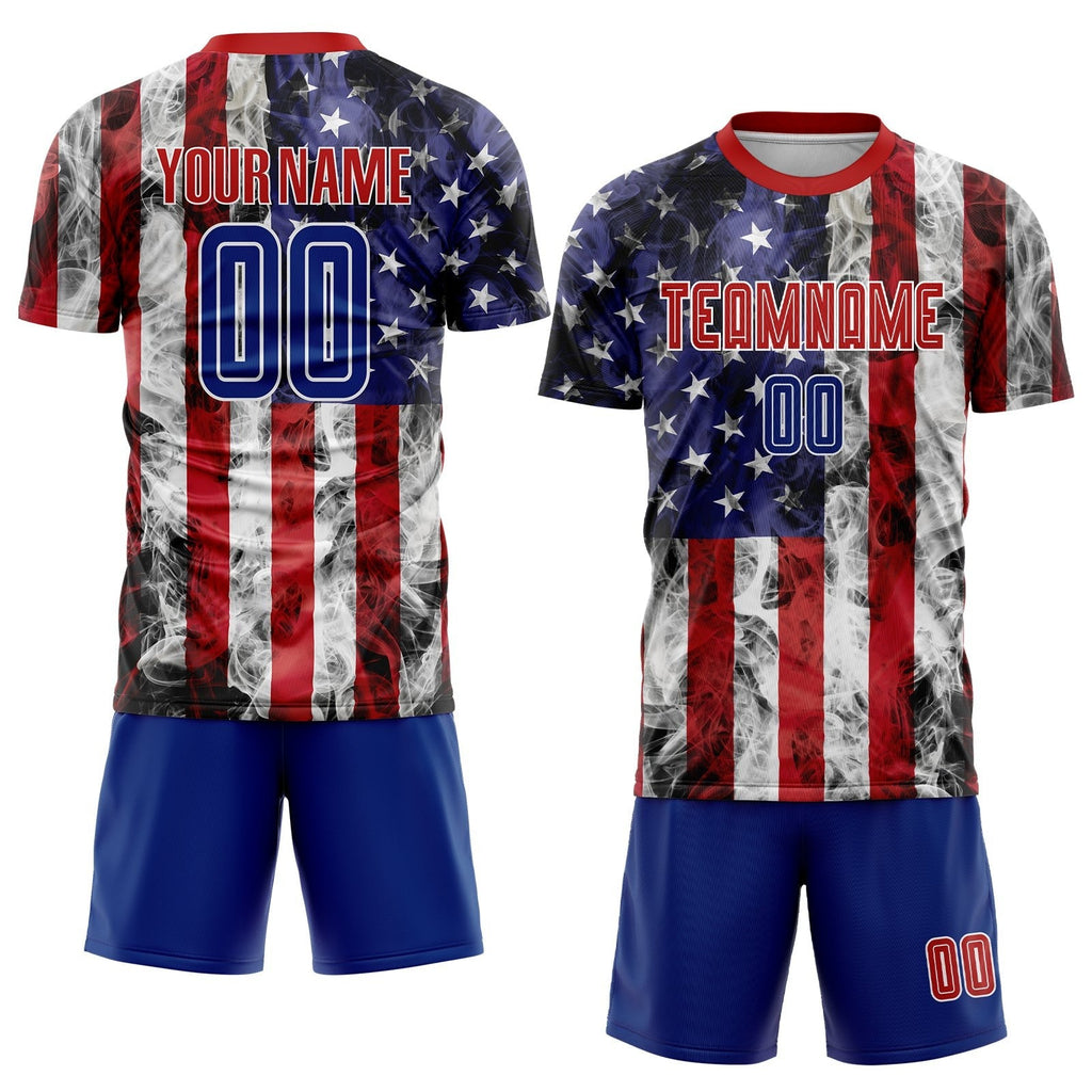 Custom White Royal-Red American Flag Fashion Sublimation Soccer Uniform Jersey photo 2