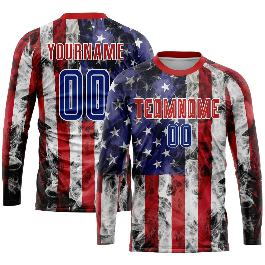 Custom White Royal-Red American Flag Fashion Sublimation Soccer Uniform Jersey photo 3