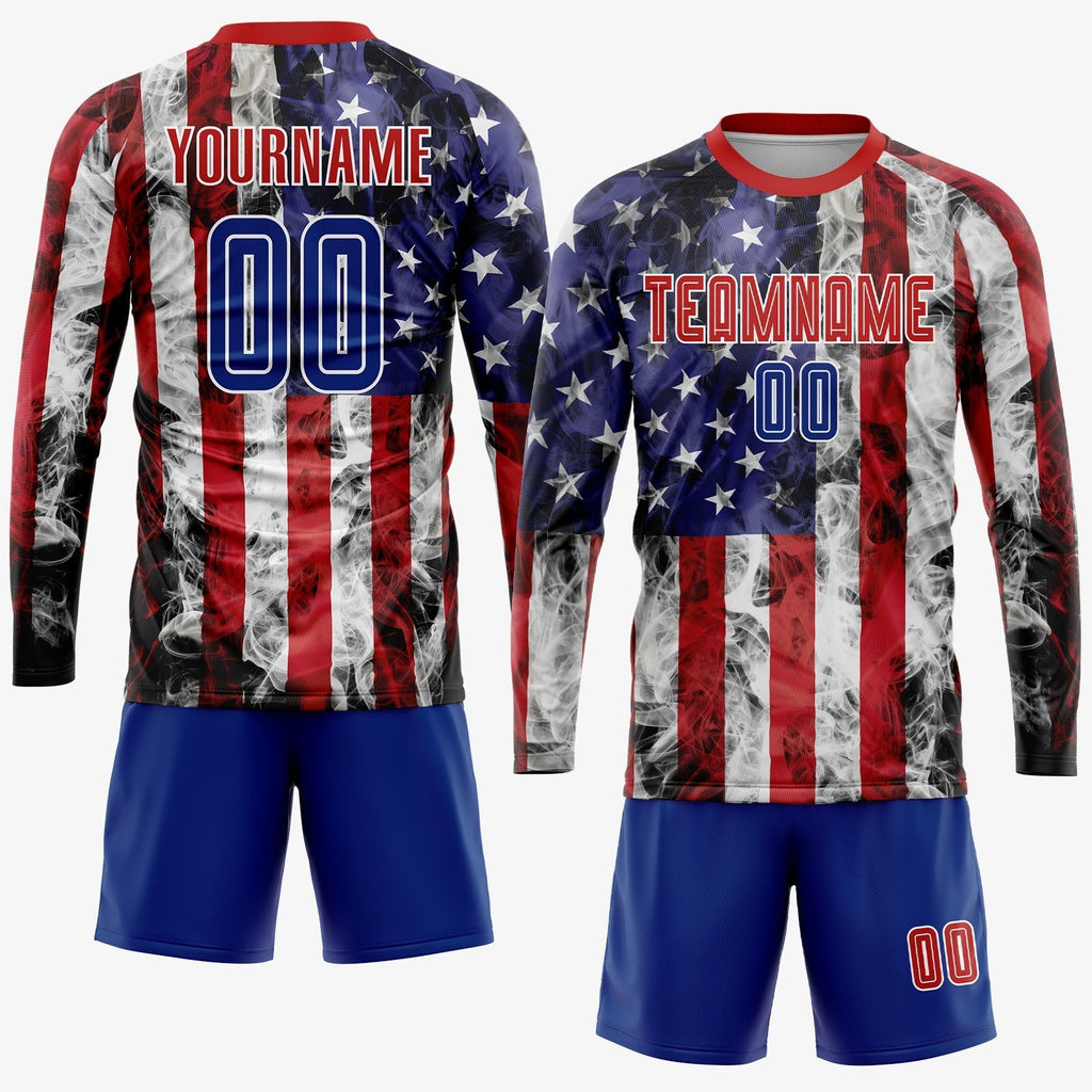 Custom White Royal-Red American Flag Fashion Sublimation Soccer Uniform Jersey photo 4