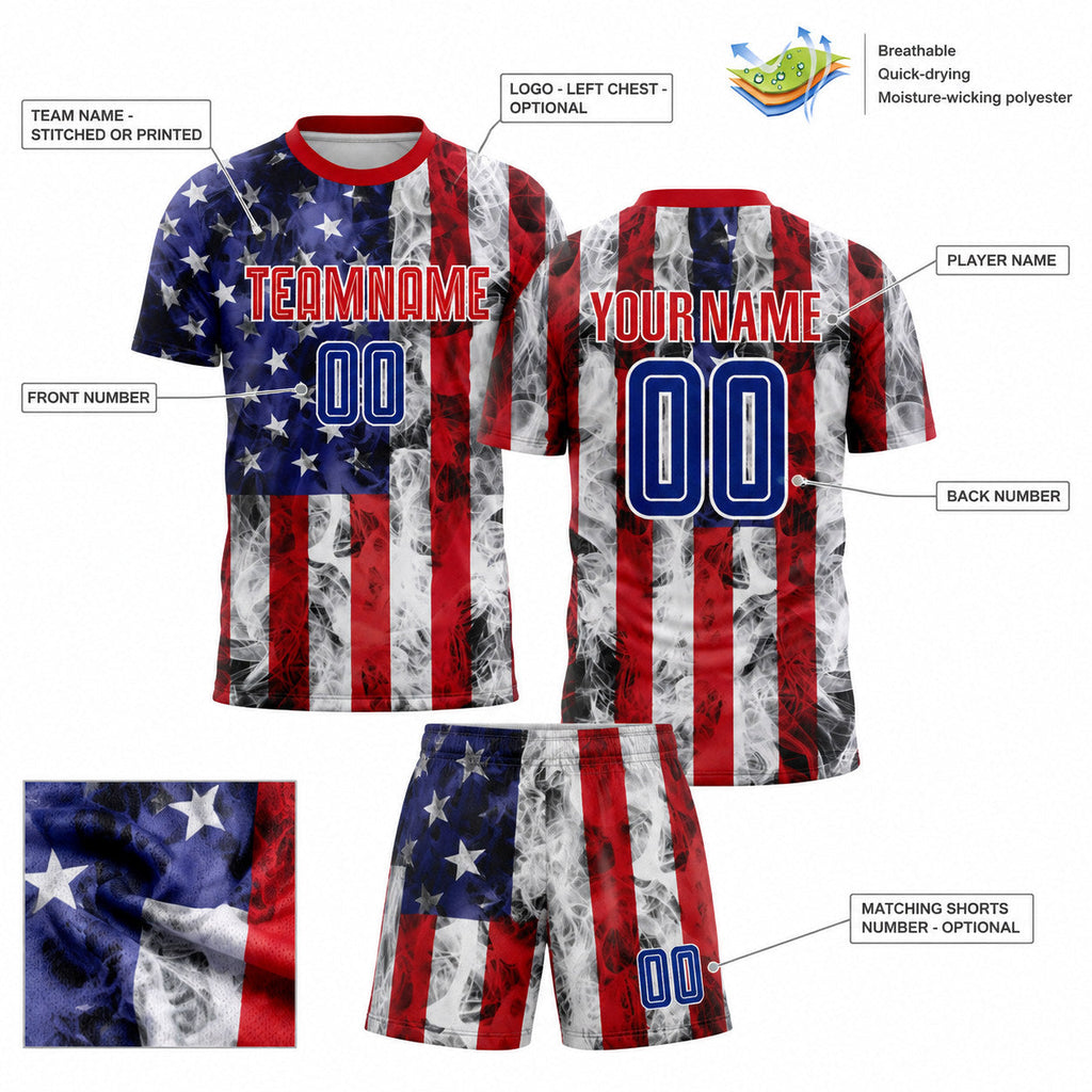 Custom White American Flag Sublimated Soccer Jersey with Royal and Red Lettering customization guide
