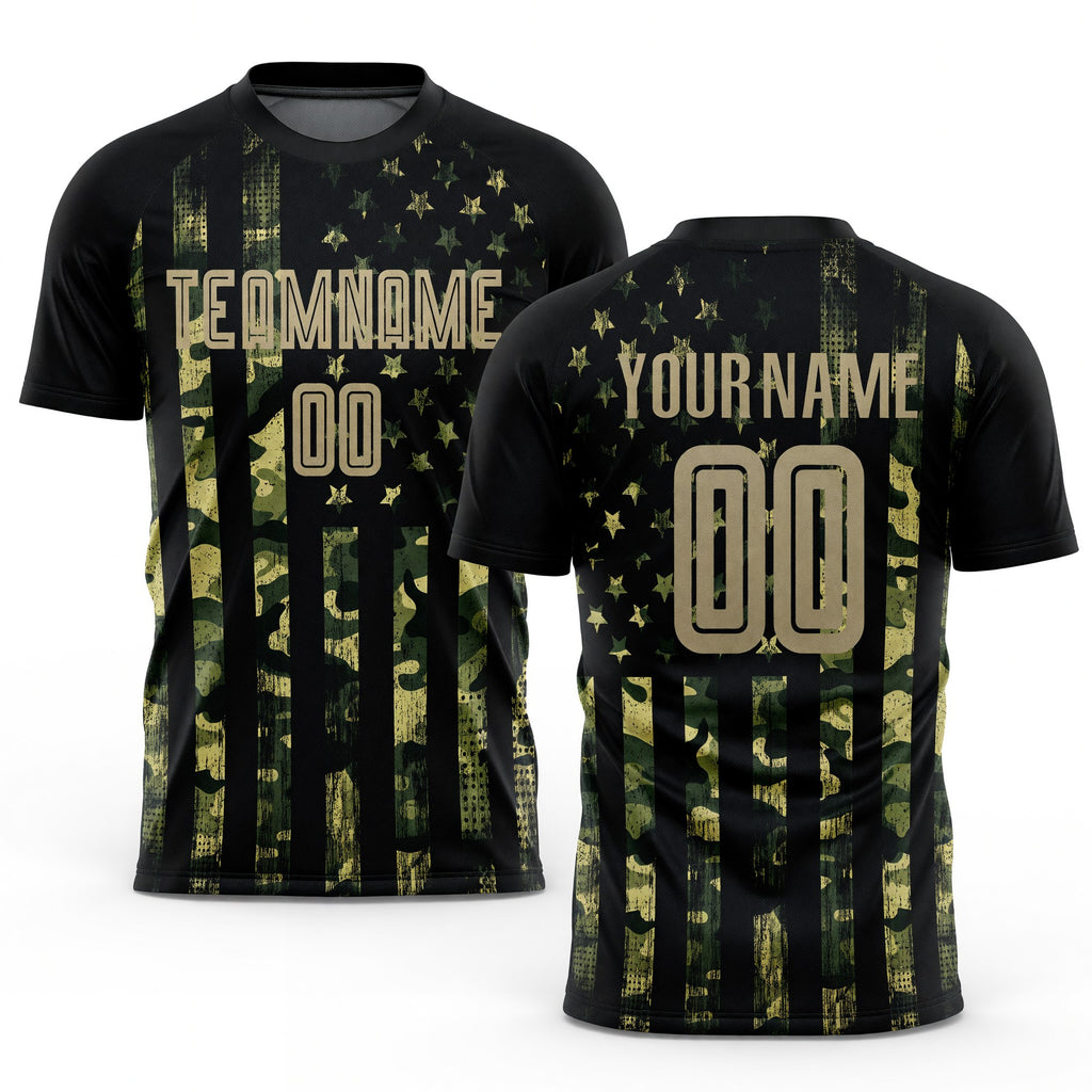 Custom Camo Vegas Gold-Black American Flag Fashion Sublimation Salute To Service Soccer Uniform Jersey