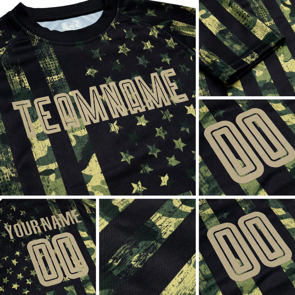 Custom Camo Vegas Gold-Black American Flag Fashion Sublimation Salute To Service Soccer Uniform Jersey detail