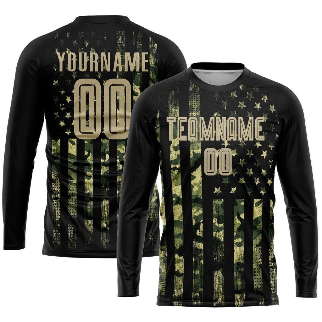 Custom Camo Vegas Gold-Black American Flag Fashion Sublimation Salute To Service Soccer Uniform Jersey photo 3