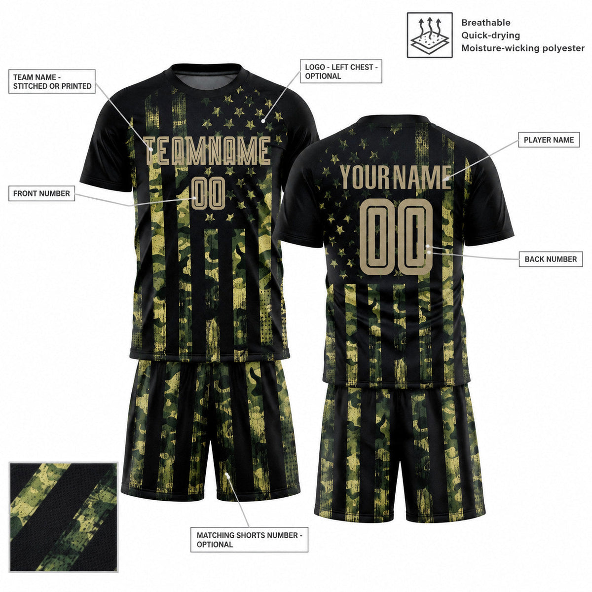 Custom Vegas Gold and Black Camo American Flag Salute Sublimated Soccer Jersey customization guide