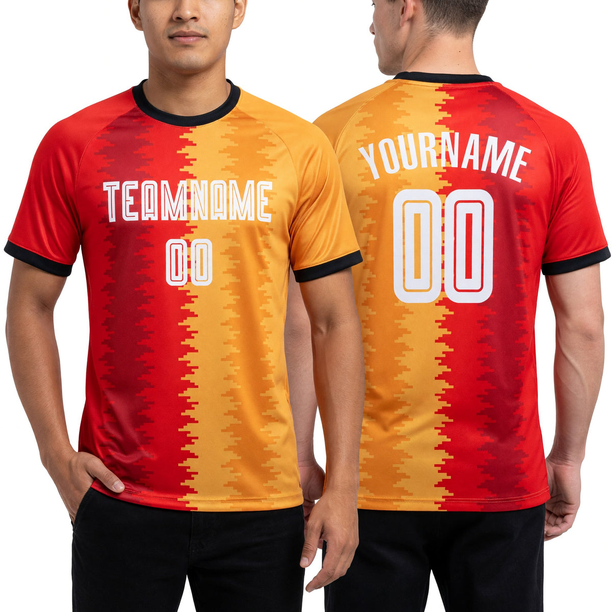 Custom Gold White-Black Sublimation Soccer Uniform Jersey worn front and back