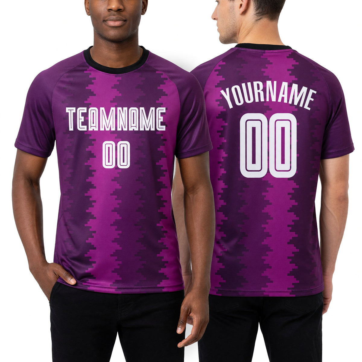 Custom Purple White-Pink Sublimation Soccer Uniform Jersey worn front and back
