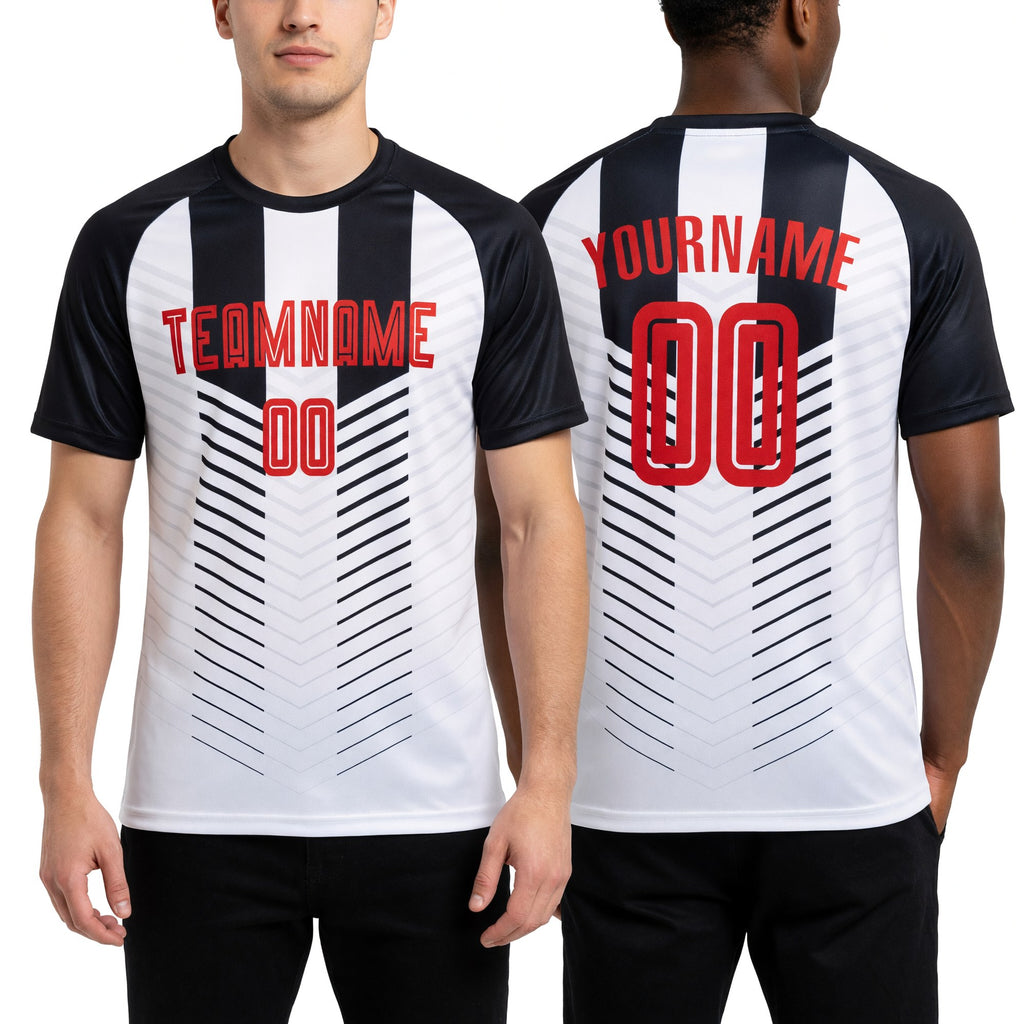 Custom Black Red-White Sublimation Soccer Uniform Jersey worn front and back