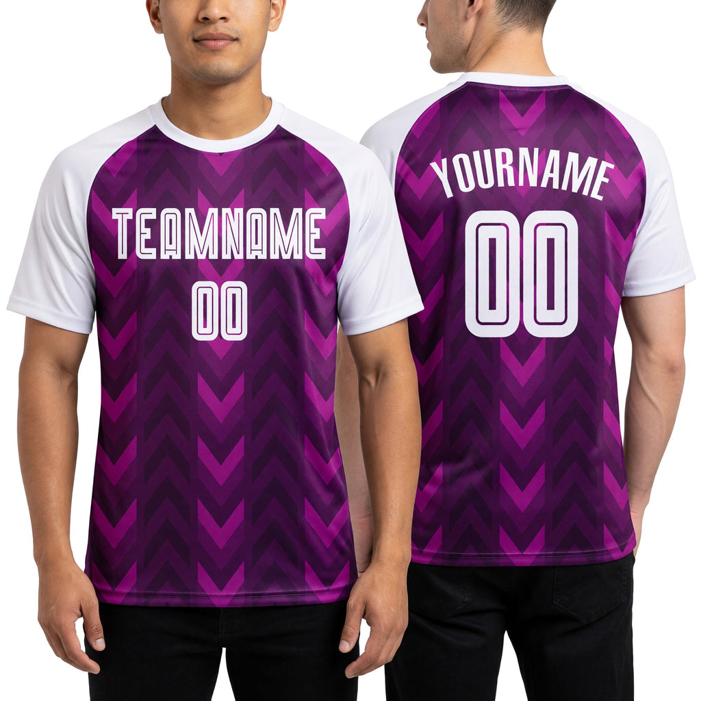 Custom Purple White Sublimation Soccer Uniform Jersey worn front and back