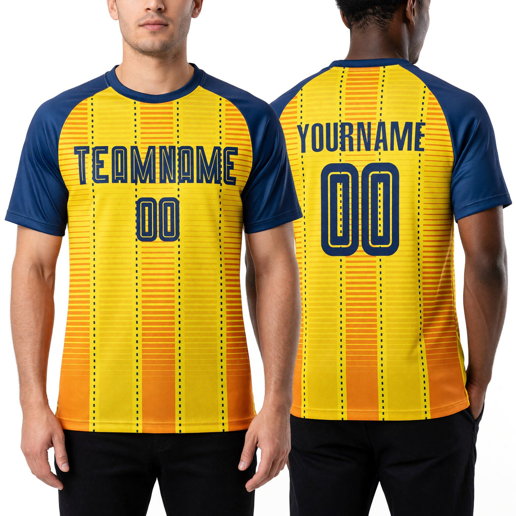 Custom Gold Royal-Orange Sublimation Soccer Uniform Jersey worn front and back