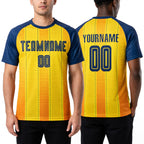 Custom Gold Royal-Orange Sublimation Soccer Uniform Jersey worn front and back