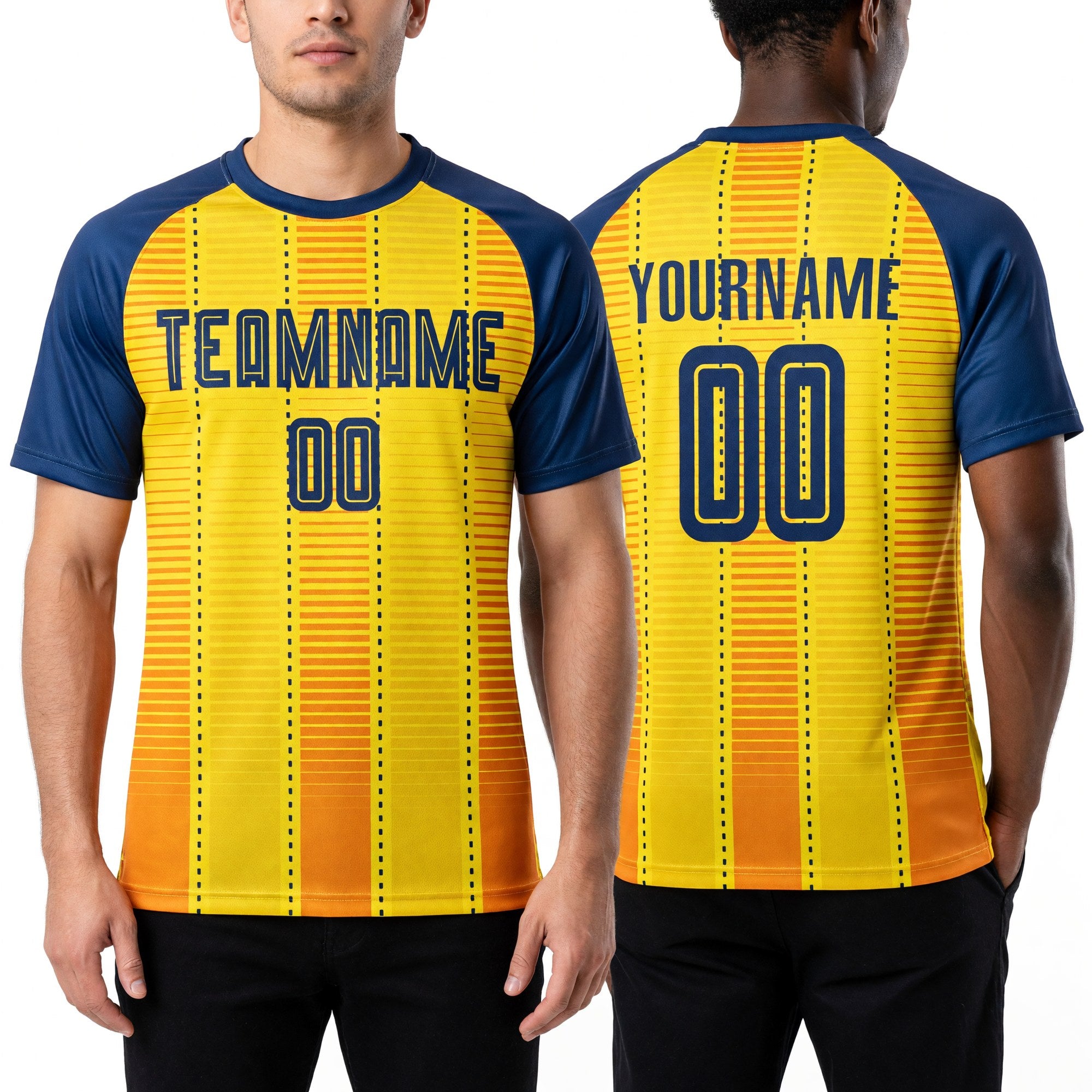 Custom Gold Royal-Orange Sublimation Soccer Uniform Jersey worn front and back