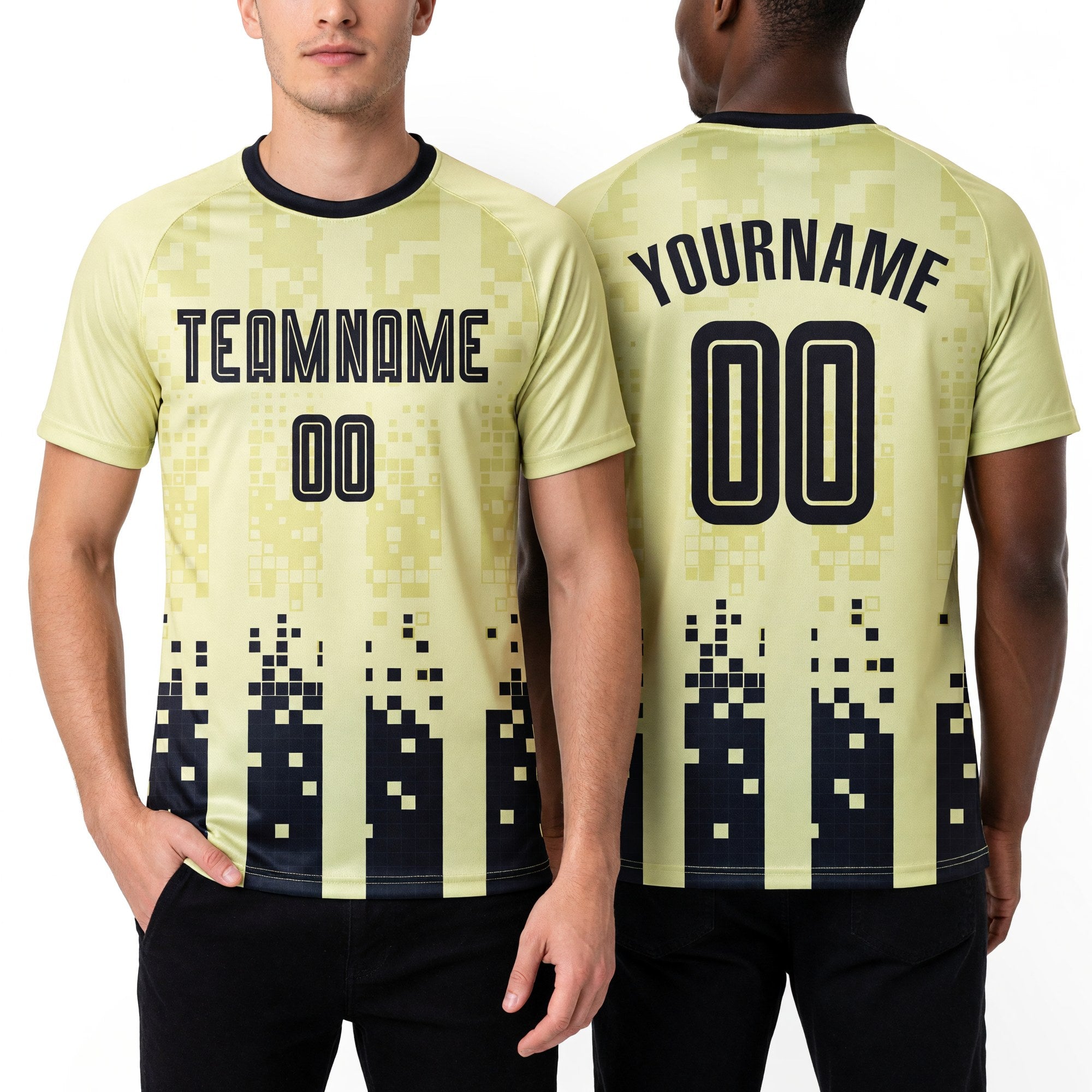 Custom Cream Black Home Sublimation Soccer Uniform Jersey worn front and back
