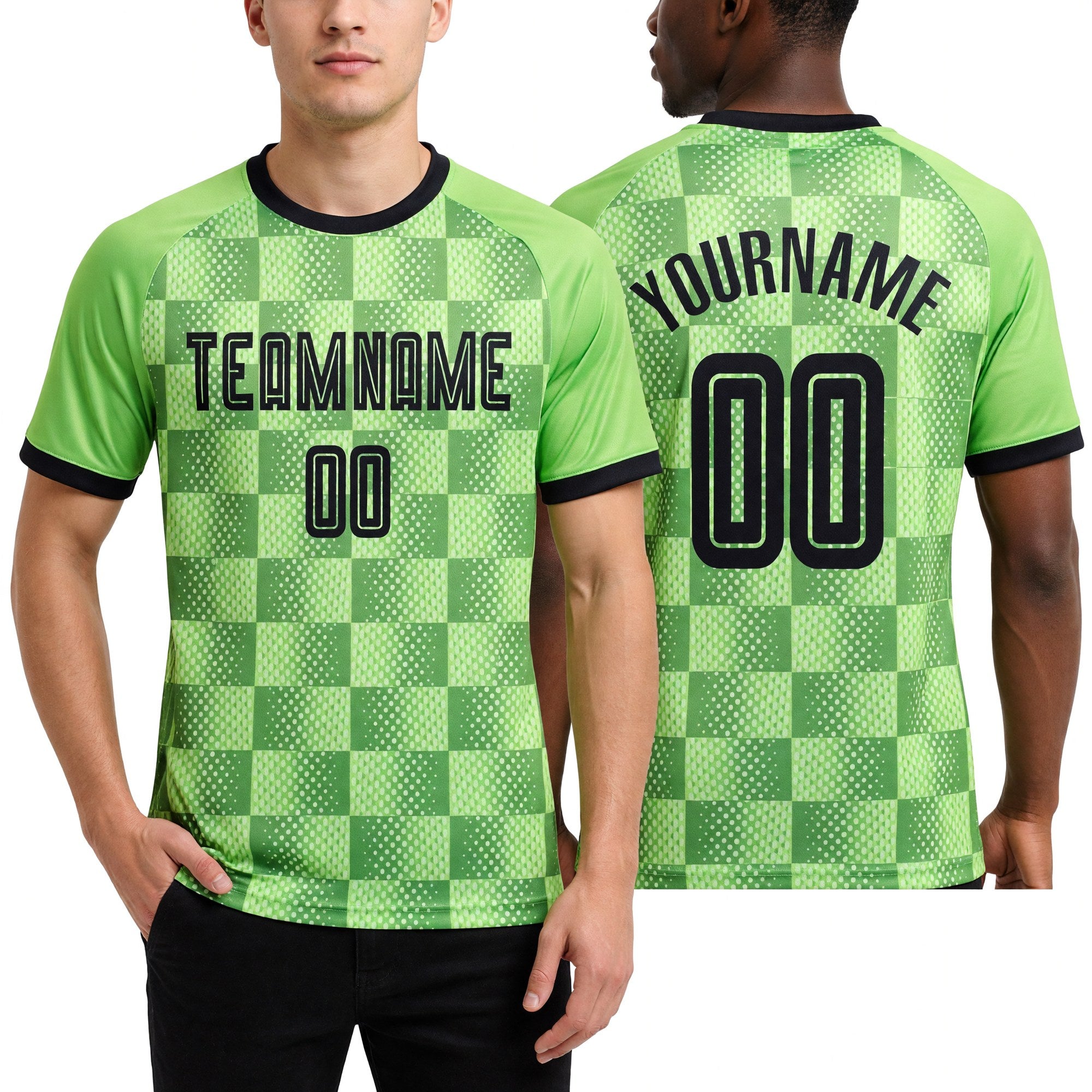 Custom Neon Green Black Third Sublimation Soccer Uniform Jersey worn front and back
