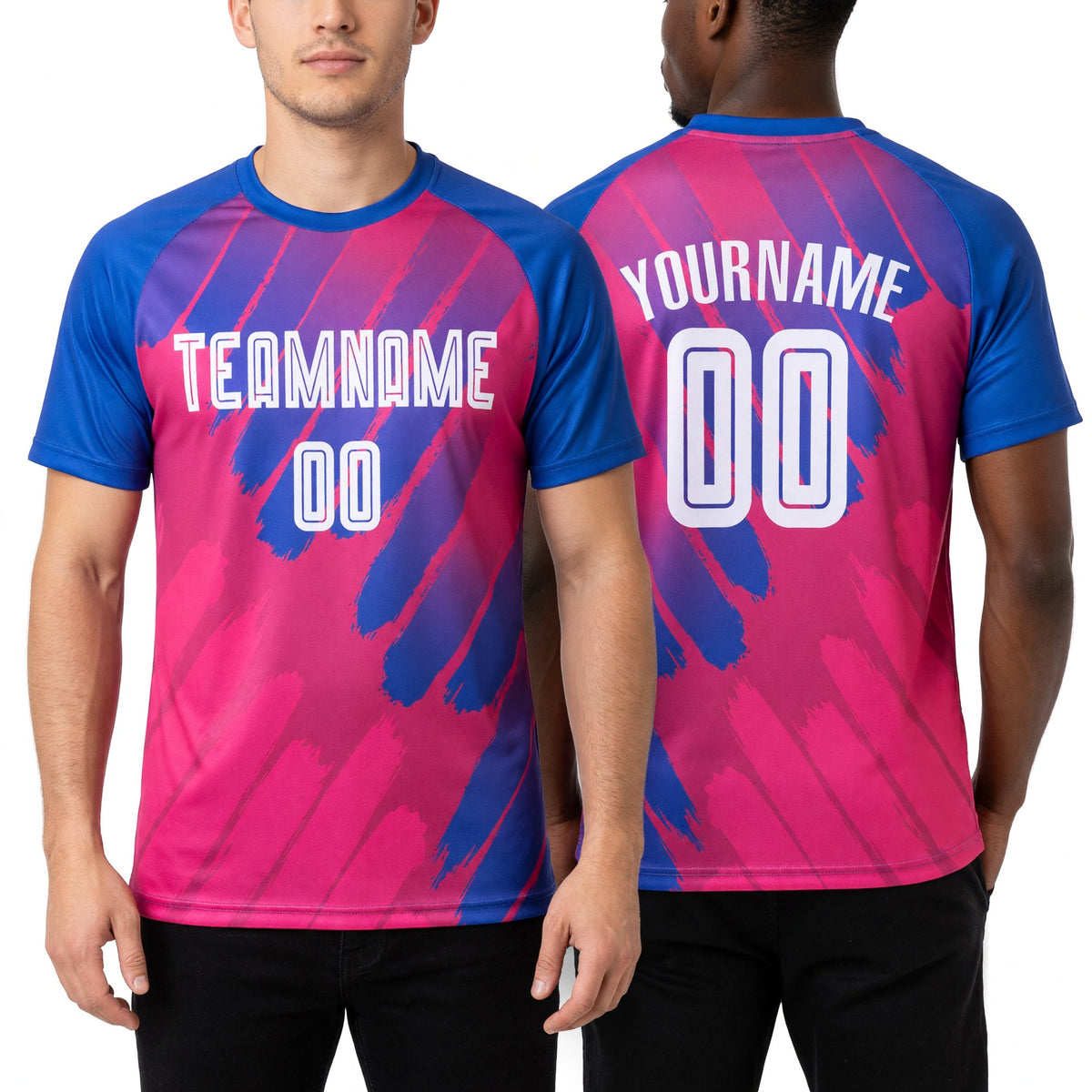 Custom Pink White-Royal Third Sublimation Soccer Uniform Jersey worn front and back