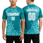 Custom Teal White Third Sublimation Soccer Uniform Jersey worn front and back