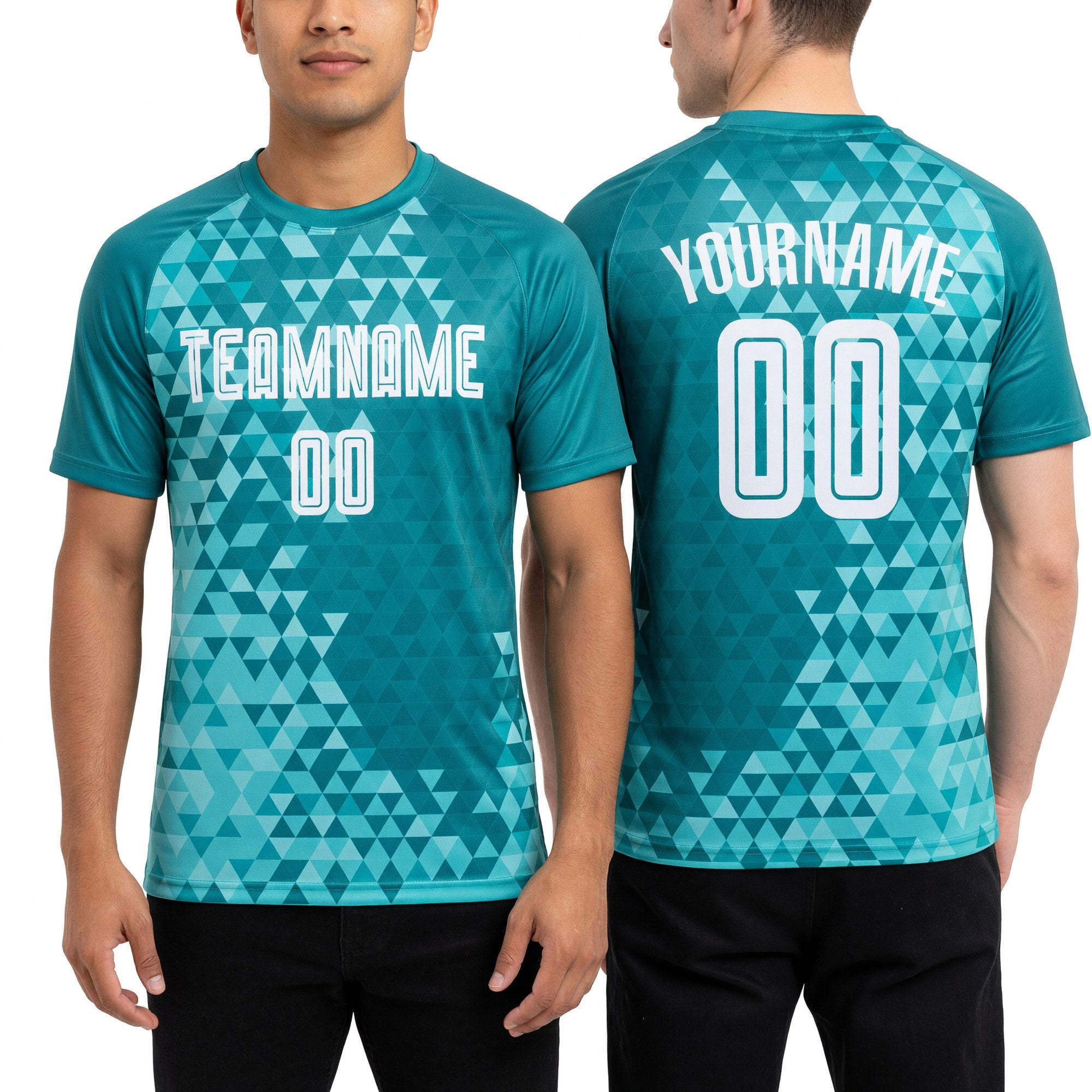 Custom Teal White Third Sublimation Soccer Uniform Jersey worn front and back