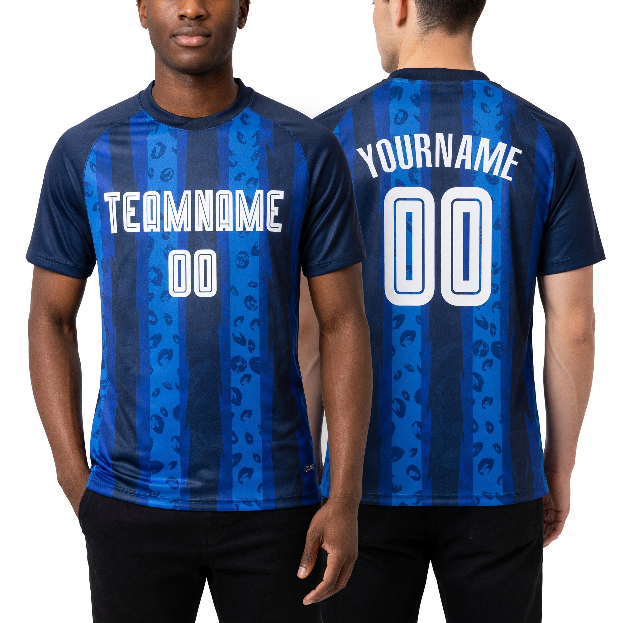 Custom Navy White-Royal Away Sublimation Soccer Uniform Jersey worn front and back