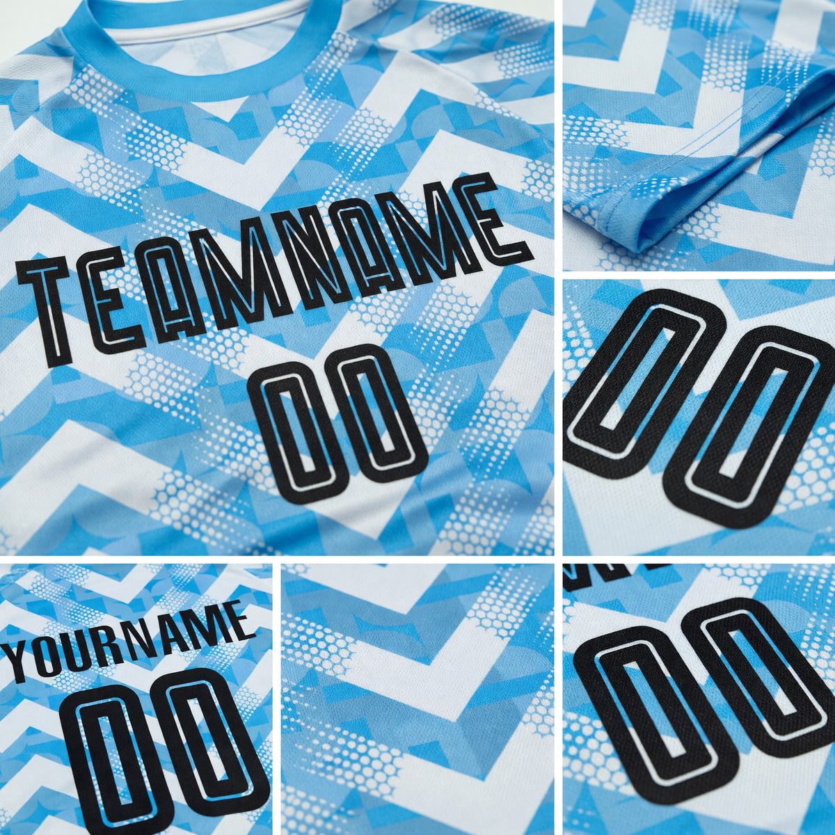 Custom Light Blue Black-White Home Sublimation Soccer Uniform Jersey detail
