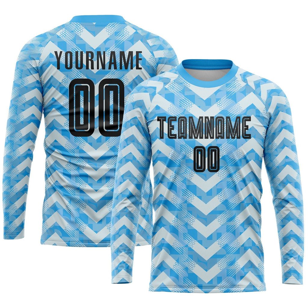 Custom Light Blue Black-White Home Sublimation Soccer Uniform Jersey photo 2