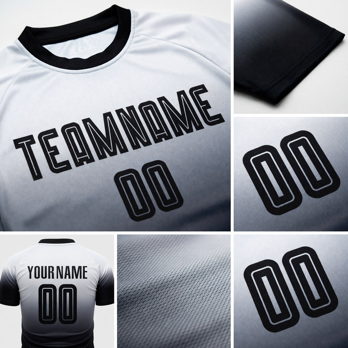 Custom White Black Sublimation Fade Fashion Soccer Uniform Jersey detail