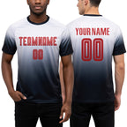 Custom White Red-Black Sublimation Fade Fashion Soccer Uniform Jersey worn front and back