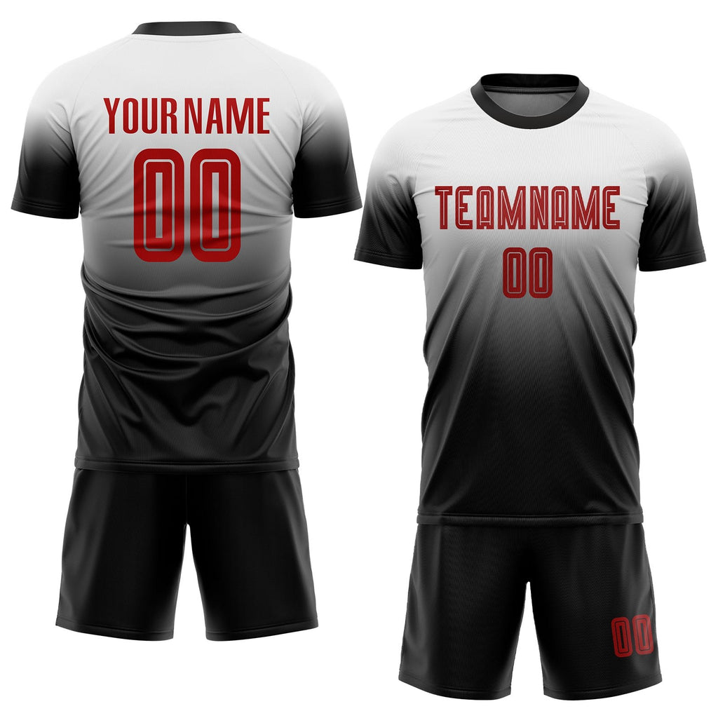 Custom White Red-Black Sublimation Fade Fashion Soccer Uniform Jersey photo 2