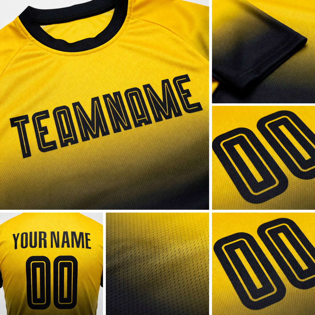 Custom Gold Black Sublimation Fade Fashion Soccer Uniform Jersey detail