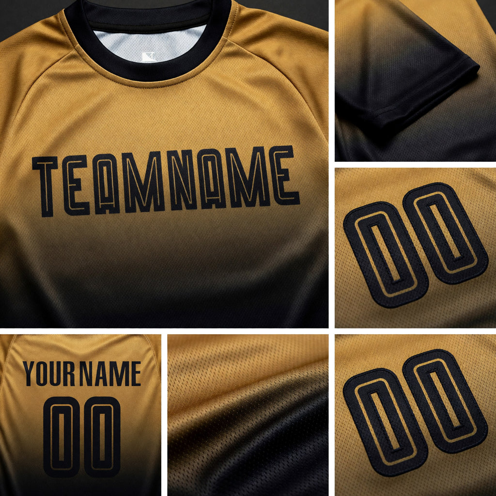 Custom Old Gold Black Sublimation Fade Fashion Soccer Uniform Jersey detail