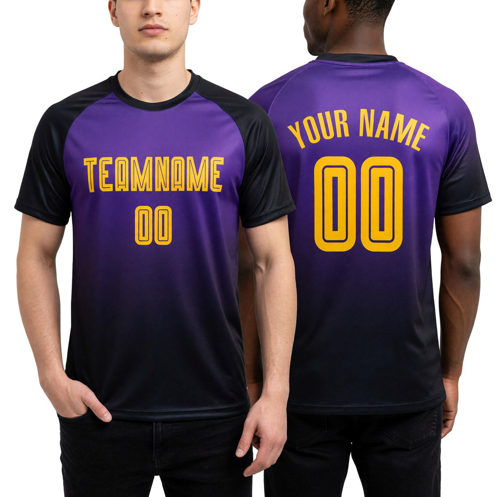 Custom Purple Gold-Black Sublimation Fade Fashion Soccer Uniform Jersey worn front and back