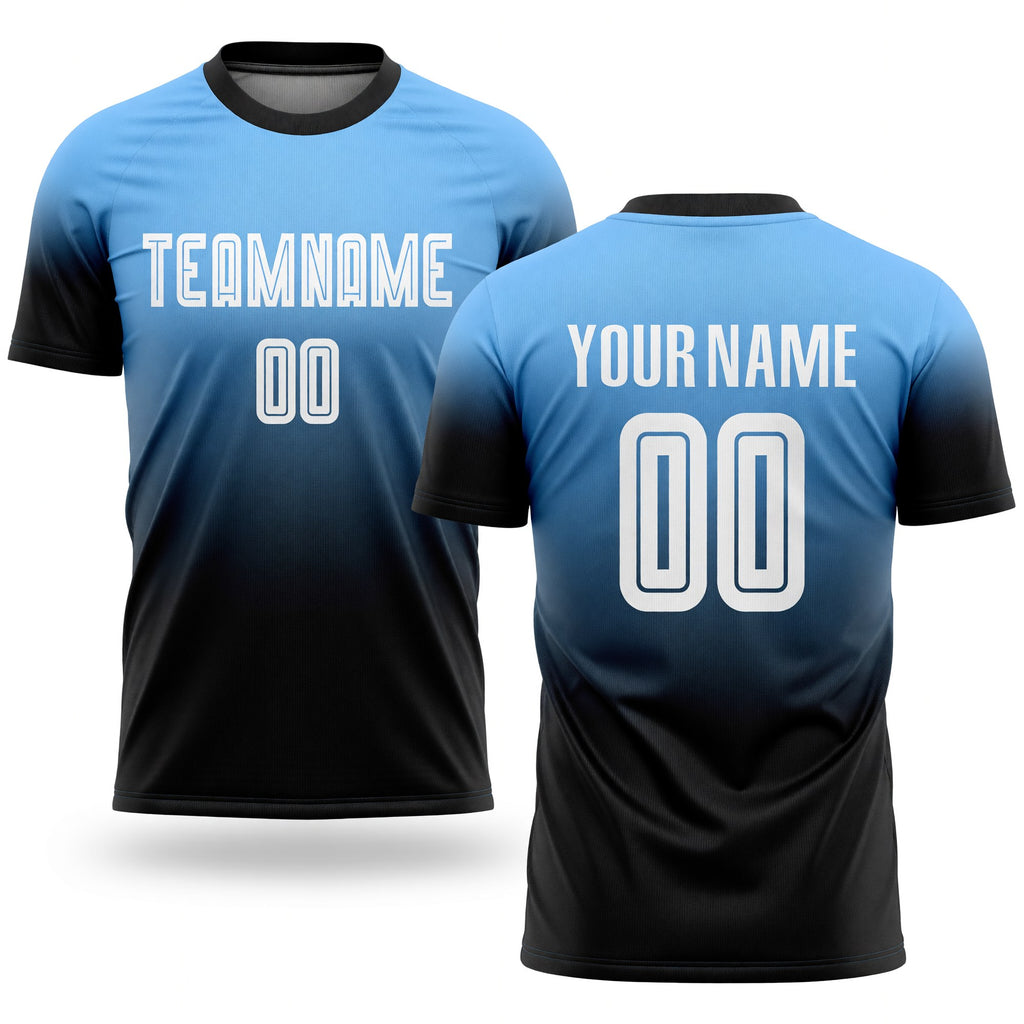 Custom Powder Blue White-Black Sublimation Fade Fashion Soccer Uniform Jersey