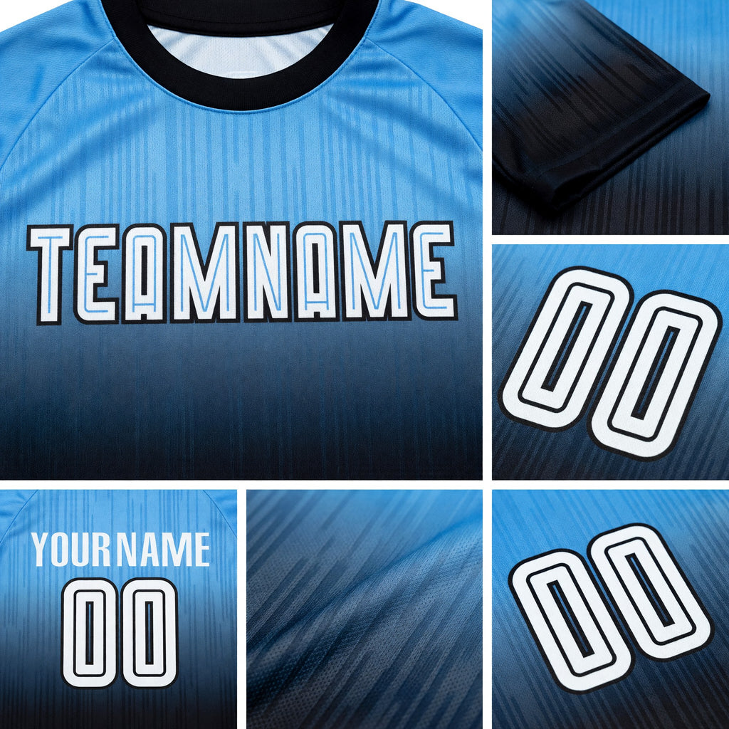 Custom Powder Blue White-Black Sublimation Fade Fashion Soccer Uniform Jersey detail