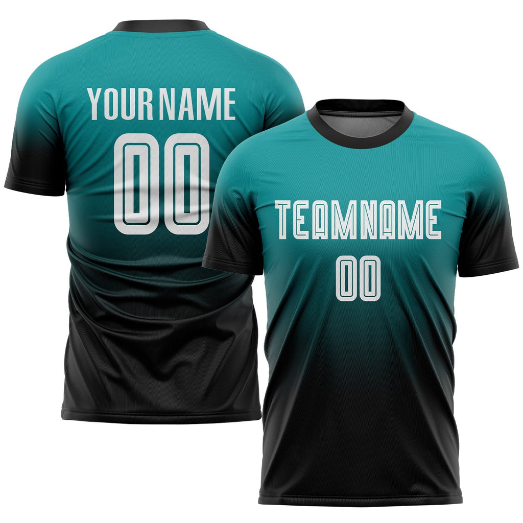 Custom Teal White-Black Sublimation Fade Fashion Soccer Uniform Jersey photo 1