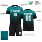 Custom Teal Fade Sublimated Soccer Jersey with White and Black Lettering customization guide