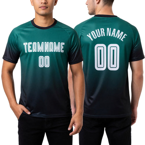 Custom Aqua White-Black Sublimation Fade Fashion Soccer Uniform Jersey worn front and back
